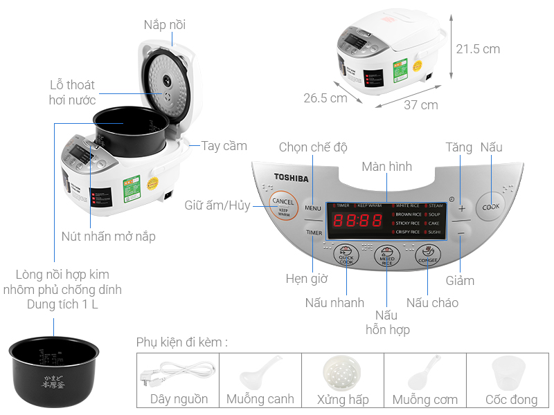 Nồi cơm điện tử Toshiba 1 lít RC-10DH2PV(W)