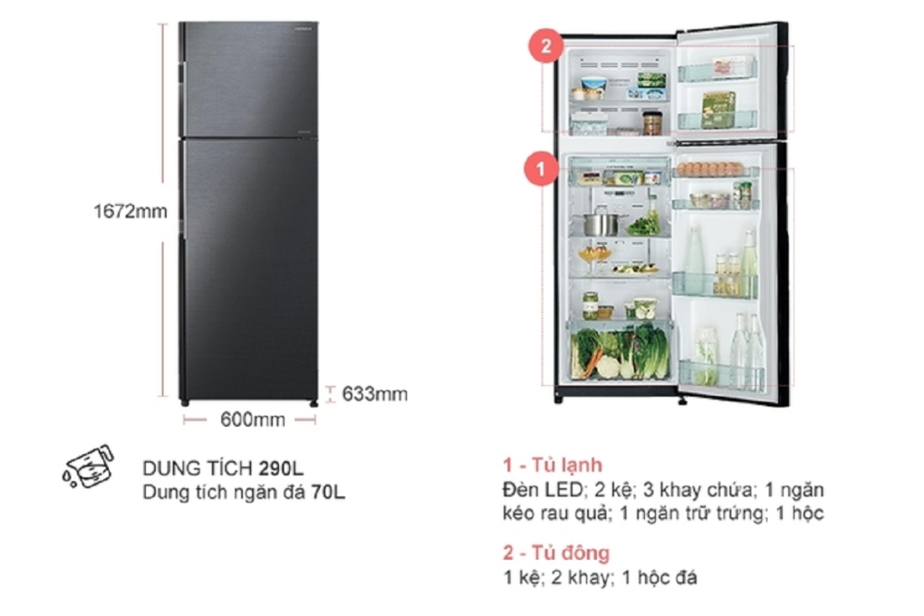Tủ lạnh Hitachi Inverter 290 lít R-H350PGV7 BBK