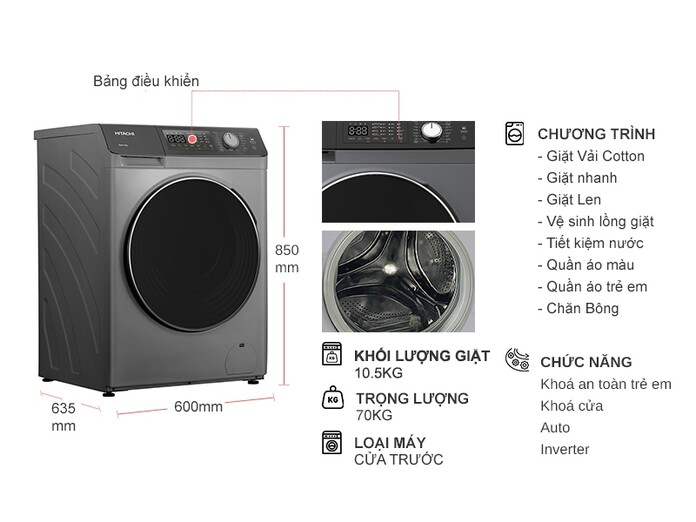 Máy Giặt Hitachi Inverter 10.5 Kg BD-1054HVOS
