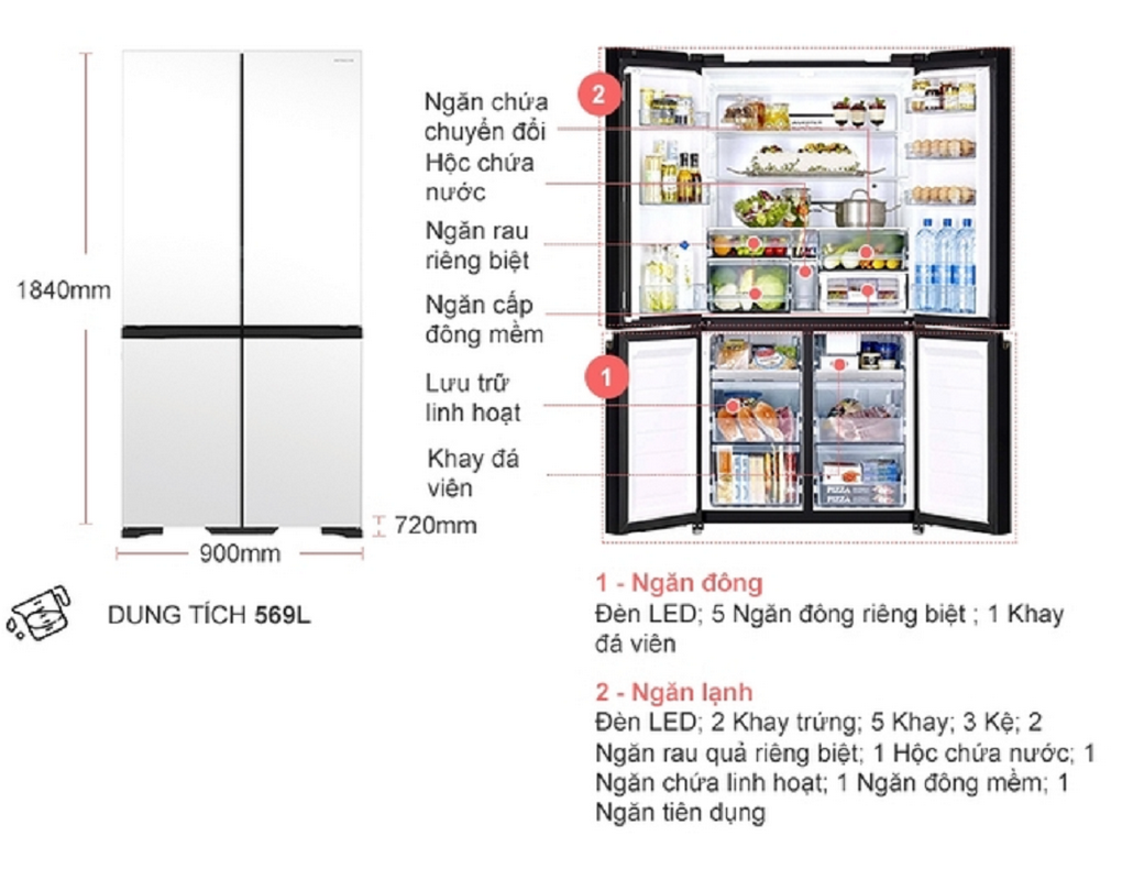 Tủ lạnh Hitachi Inverter 569 lít Multi Door R-WB640VGV0X MGW