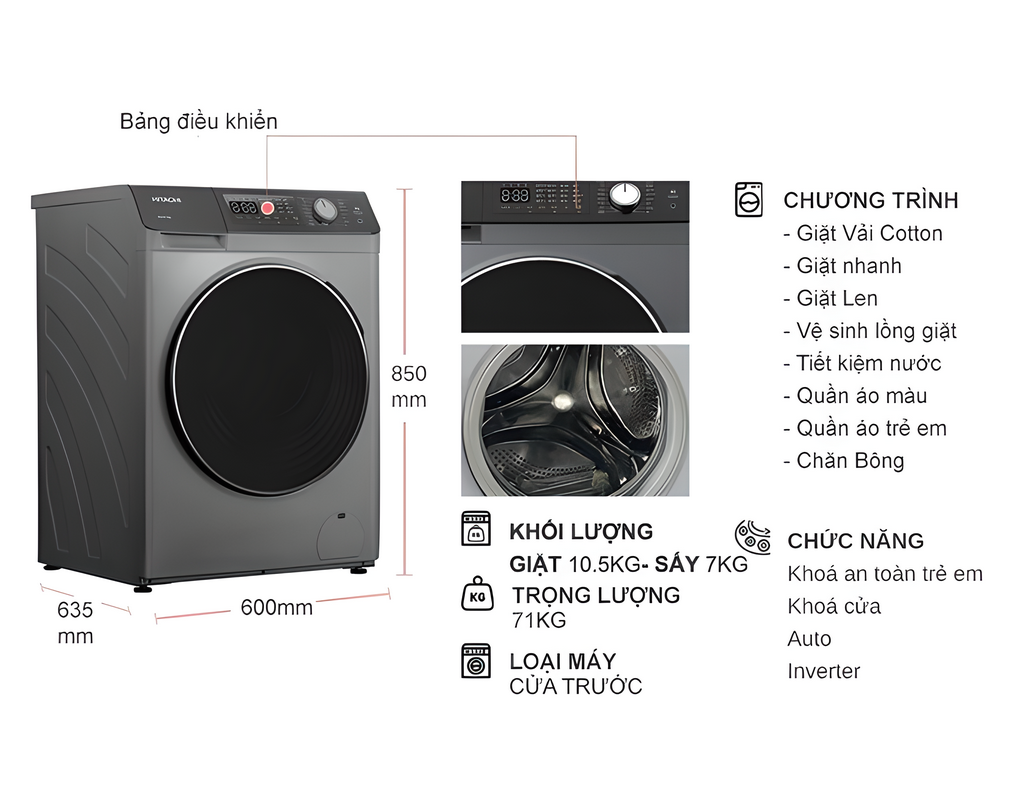 Máy Giặt sấy Hitachi Inverter 10.5/7 Kg BD-D1054HVOS
