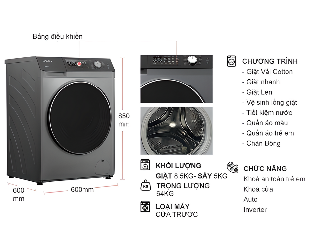 Máy Giặt Sấy Hitachi Inverter 8.5/5 Kg BD-D852HVOS