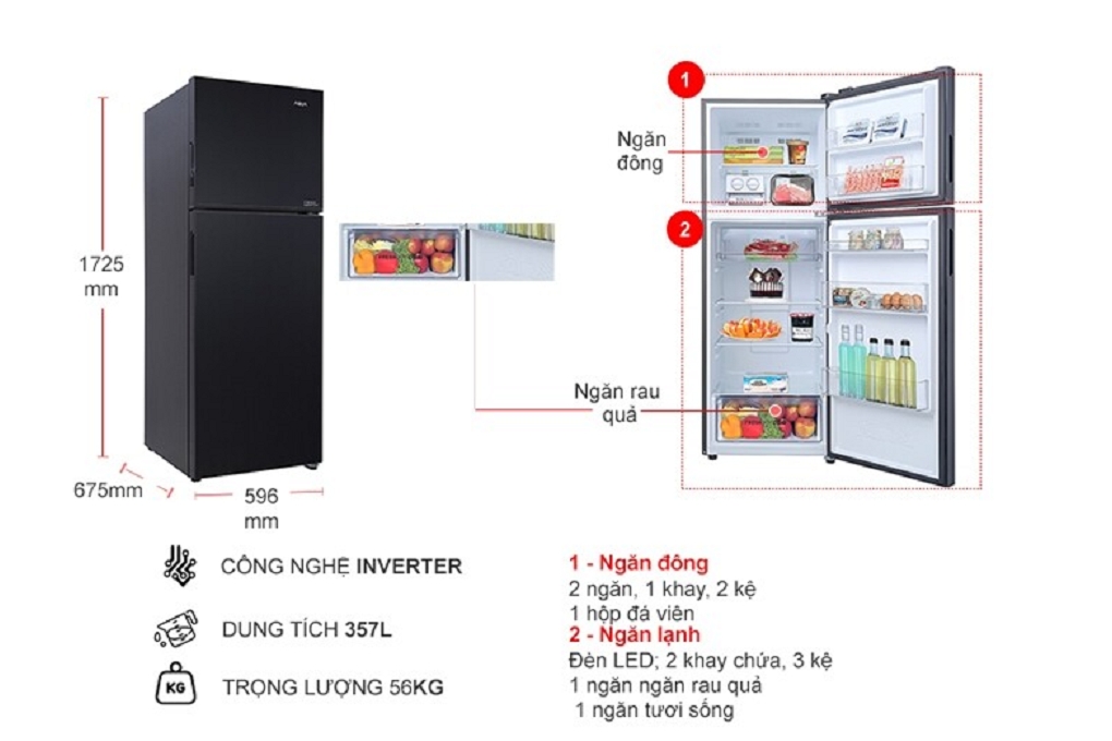 Tủ lạnh Aqua Inverter 357 lít AQR-T376FA(FB)