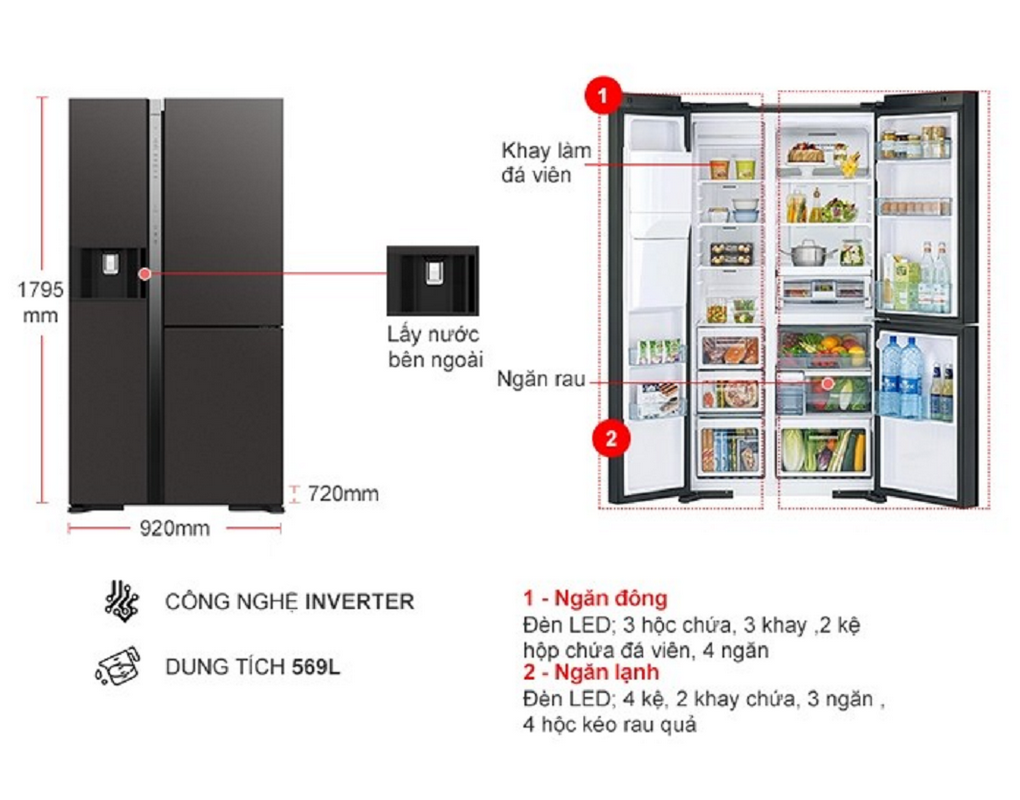 Tủ lạnh Hitachi Inverter 569 lít Side By Side R-MX800GVGV0 GMG