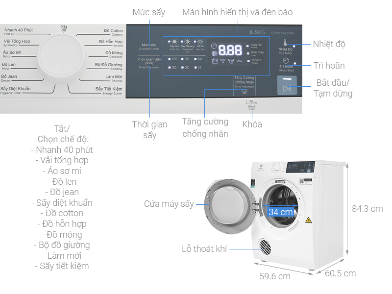 Máy sấy thông hơi Electrolux UltimateCare 8.5 kg EDV854J3WB